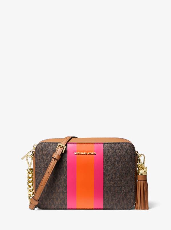 Damske Prenosná Taška Michael Kors Jet Set Medium Logo Stripe Camera Ruzove - Kabelky Michael Kors Lacne | VYOFU-2756